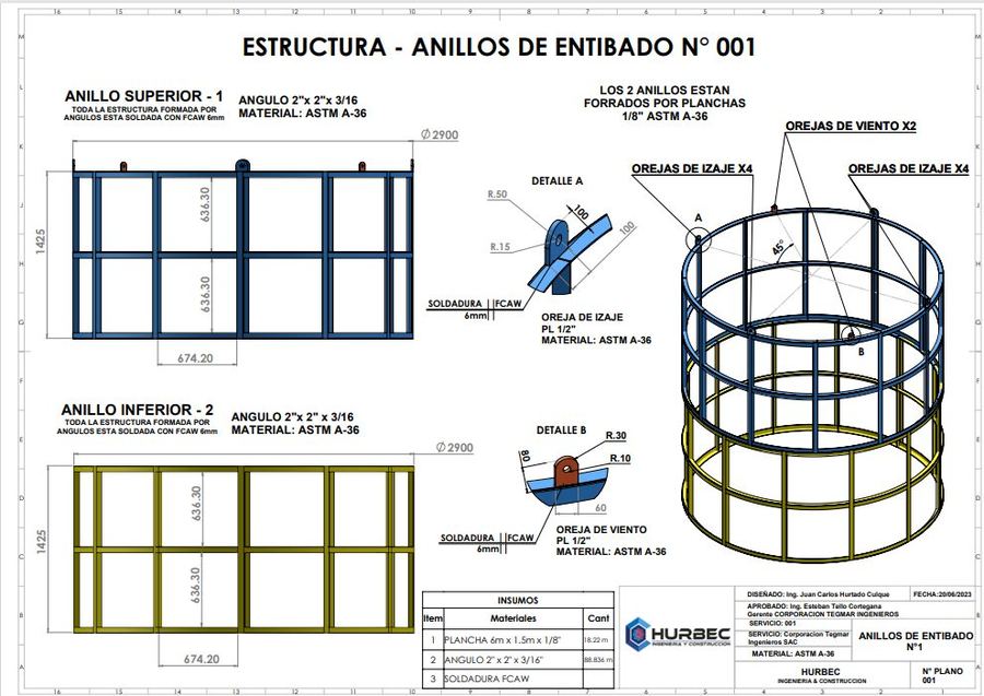 Plano de fabricación de una estructura de anillos de entibado elaborado por Hurbec